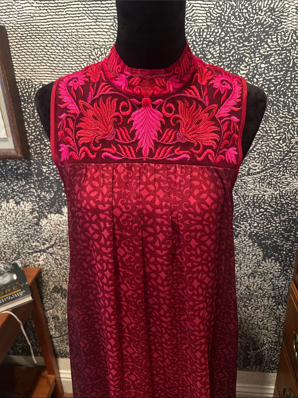 Anthropologie Sleeveless High-Neck Dress in Deep Red and Hot Pink